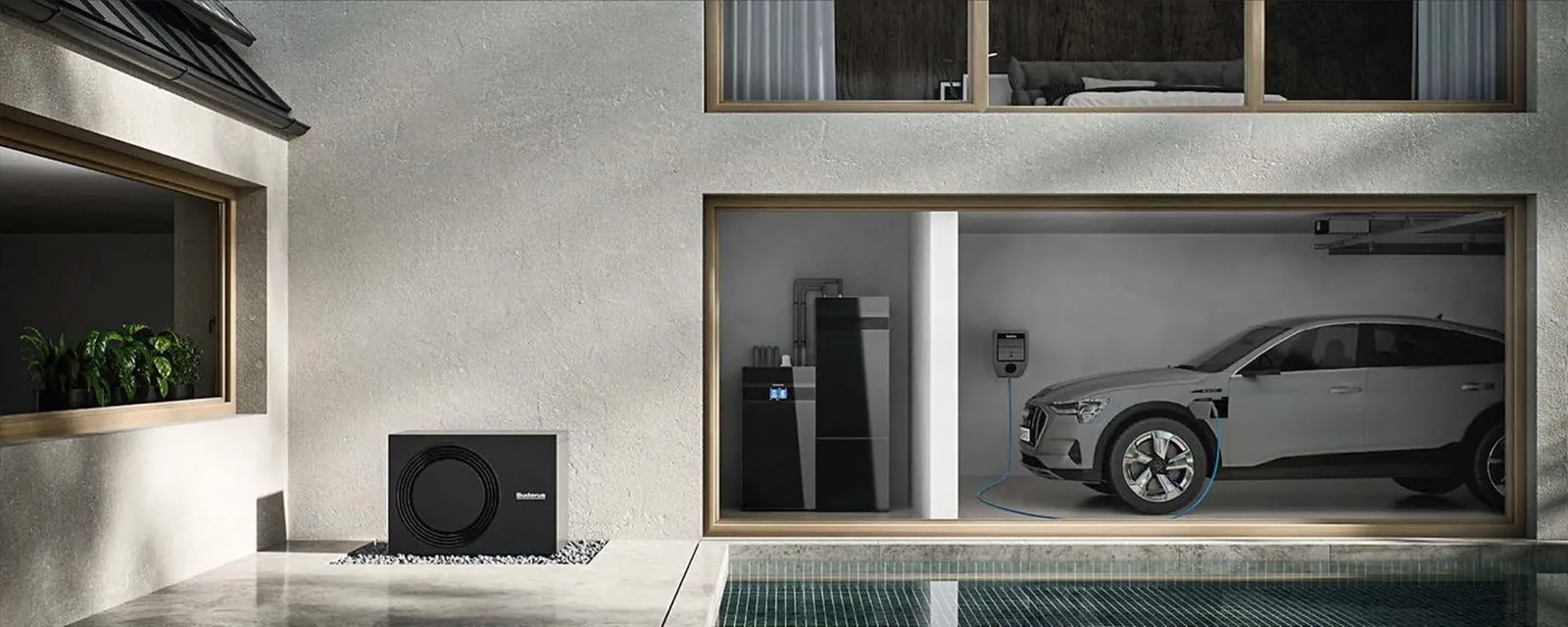 Modernes Haus mit Wärmepumpe, Batteriespeicher und Ladestation für das Elektroauto
